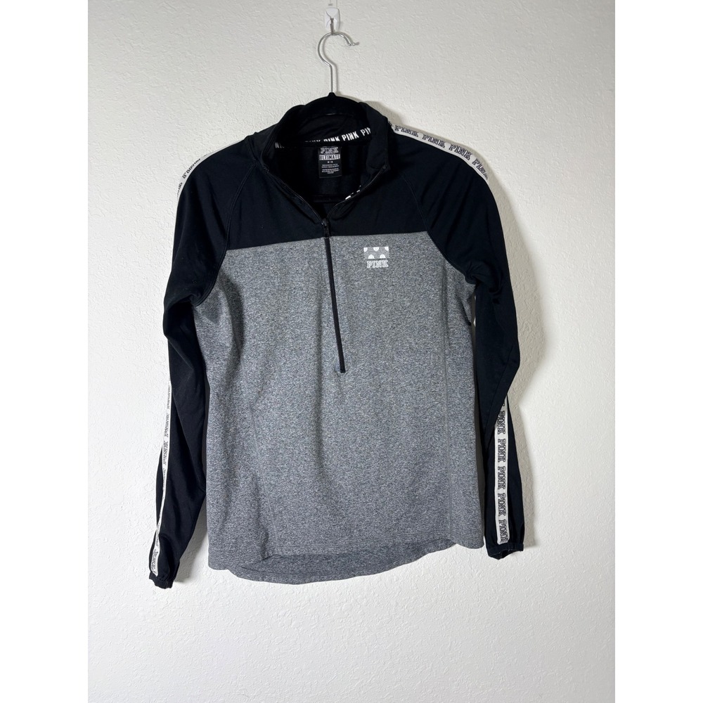 Pink Victoria's Secret Pullover Medium Black Grey Good Quarter Zip Logo Taping